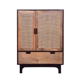 42 Inch Mango Wood Armoire Storage Cabinet, 2 Cane Rattan Woven Doors, 1 Drawer, Brown, Black