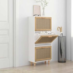 Shoe Cabinet White 20.5"x9.8"x45.3" Engineered Wood&Natural Rattan