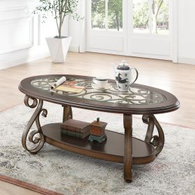 Coffee Table with Glass Table Top and Powder Coat Finish Metal Legs, Dark Brown (52.5"X28.5"X19.5")