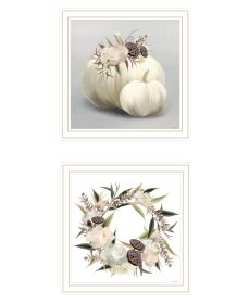 "BOHO Pumpkins and Flowers" 2-Piece Vignette by House Fenway, Ready to Hang Framed Print, White Frame