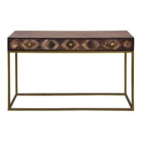 51 Inch 3 Drawer Mango Wood Console Table, Diamond Textured Panels, Metal Frame, Brown