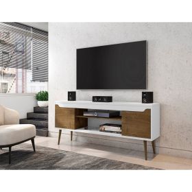 Manhattan Comfort Bradley 62.99 TV Stand White and Rustic Brown with 2 Media Shelves and 2 Storage Shelves in White and Rustic Brown with Solid Wood L