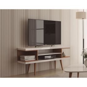 Manhattan Comfort Utopia 53.14" TV Stand with Splayed Wooden Legs and 4 Shelves in White Gloss and Maple Cream