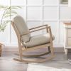 Solid Wood Rocking Chair Nursery Chair, Linen Fabric Upholstered Comfy Accent Chair for Porch, Garden Patio, Balcony, Living Room and Bedroom, Beige