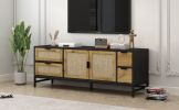 ON-TREND Elegant Rattan TV Stand for TVs up to 65", Boho Style Media Console with Adjustable Shelves, Sleek TV Console Table with Wood Grain Surface f