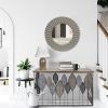 32 Inch Round Beveled Floating Wall Mirror with Corrugated Design Wooden Frame, Gray