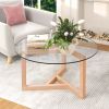 ON-TREND Round Glass Coffee Table Modern Cocktail Table Easy Assembly with Tempered Glass Top & Sturdy Wood Base, Natural (OLD SKU: WF190112AAL)