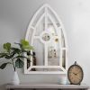 Arched Window Pane Wooden Wall Mirror with Trimmed Details, Silver