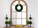 34x54.3" Large Arched Accent Mirror with Brown Frame with Decorative Window Look Classic Architecture Style Solid Fir Wood Interior Decor