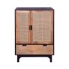 42 Inch Mango Wood Armoire Storage Cabinet, 2 Cane Rattan Woven Doors, 1 Drawer, Brown, Black