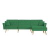 Modern Velvet Upholstered Reversible Sectional Sofa Bed , L-Shaped Couch with Movable Ottoman and Nailhead Trim For Living Room. (Green)