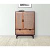 42 Inch Mango Wood Armoire Storage Cabinet, 2 Cane Rattan Woven Doors, 1 Drawer, Brown, Black