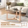 ON-TREND Round Glass Coffee Table Modern Cocktail Table Easy Assembly with Tempered Glass Top & Sturdy Wood Base, Natural (OLD SKU: WF190112AAL)