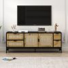 ON-TREND Elegant Rattan TV Stand for TVs up to 65", Boho Style Media Console with Adjustable Shelves, Sleek TV Console Table with Wood Grain Surface f