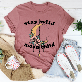 Stay Wild Moon Child Boho T-Shirt (Color: Mauve, size: L)