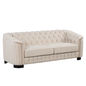 82" Mid Century Modern Sofa with Rubber Wood Legs; Velvet Upholstered Sofa Couch; Sofa with Thick Removable Seat Cushion;  3 Seater Sofa Couch for Liv (Color: Beige)