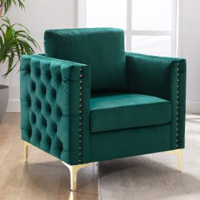 Modern Velvet Armchair Tufted Button Accent Chair Club Chair with Steel Legs for Living Room Bedroom (Color: Green)